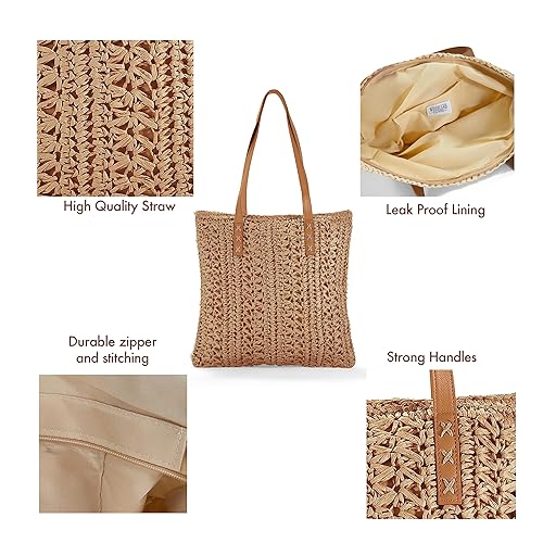 Women's Straw Shoulder Bag, Medium & Large, Leather Handles