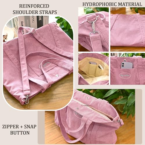 Cidumoa Pink Corduroy Tote Bag with Zipper, Large Capacity