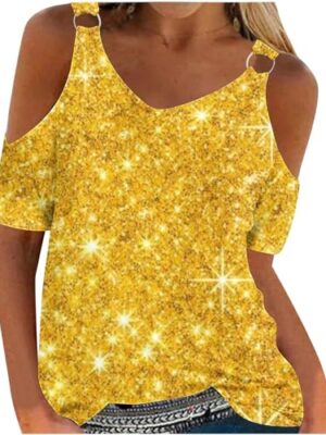 HAOLEI Cold Shoulder Floral V-Neck Short Sleeve Top