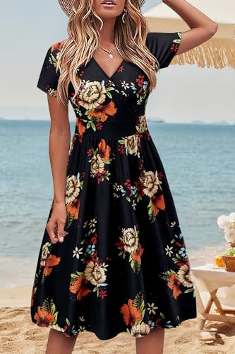 VOTEPRETTY Women's Short Sleeve V Neck Floral Midi Dress