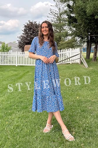 STYLEWORD Women's Floral Short Sleeve Midi Dress with Pockets
