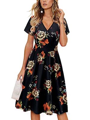 VOTEPRETTY Women's Short Sleeve V Neck Floral Midi Dress