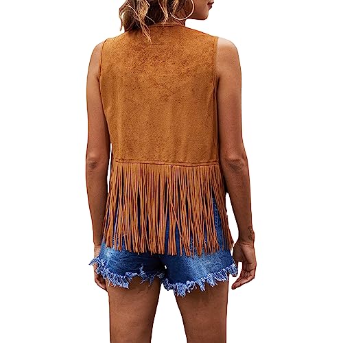 YILEEGOO Women Tassel Fringe Vest 70s Hippie Faux Suede