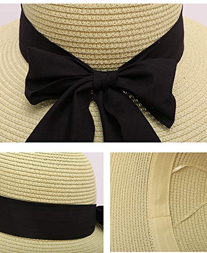 Qchomee Women Wide Brim Straw Hat with Bow, Beige