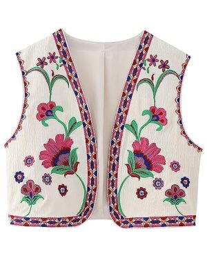 Vintage Floral Embroidered Crop Vest - Women's