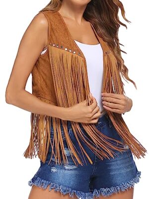 YILEEGOO Women Tassel Fringe Vest 70s Hippie Faux Suede