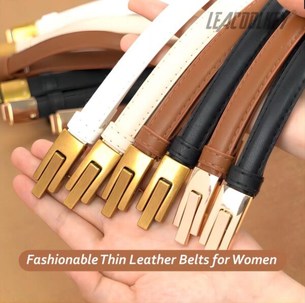 LEACOOLKEY 2 Pack Women Skinny Leather Belts with Gold Buckle