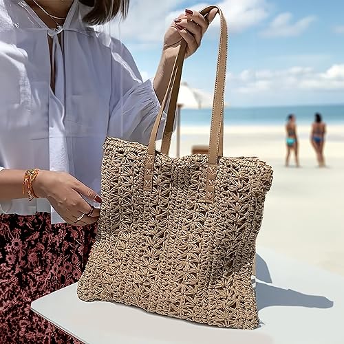Women's Straw Shoulder Bag, Medium & Large, Leather Handles