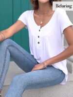 Beluring Women Casual V Neck Pleated Tunic Blouse