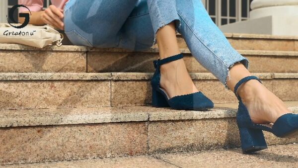 Greatonu Women's Block Heels Square Toe Ankle Strap Shoes