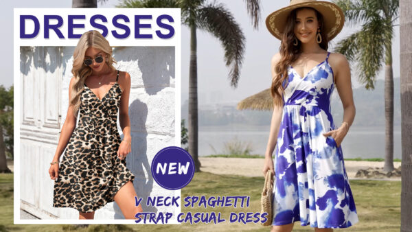 AUSELILY Summer V Neck Spaghetti Strap Dress with Pockets