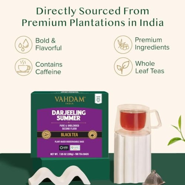 VAHDAM Darjeeling Black Tea Bags (100 Count) High Caffeine