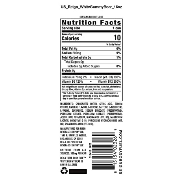 Reign White Gummy Bear Fitness Drink, 473ml (Pack of 12)