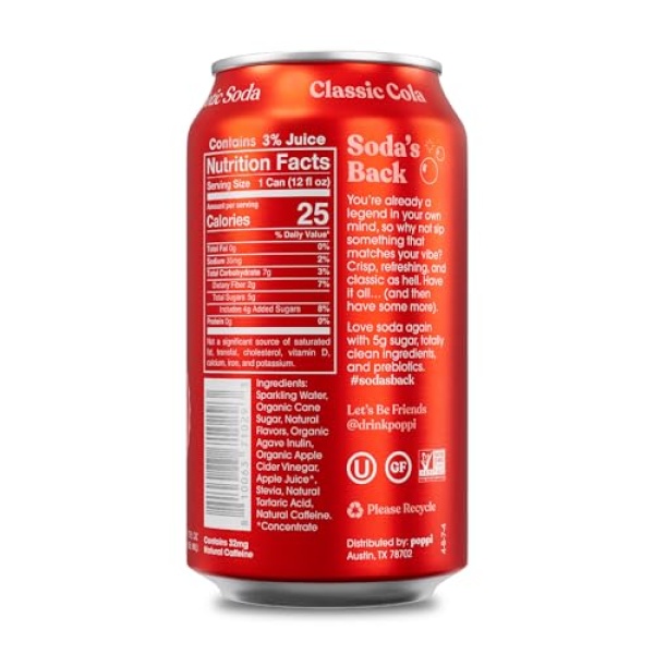POPPI Sparkling Prebiotic Soda, Classic Cola, 355ml (12 Pack)