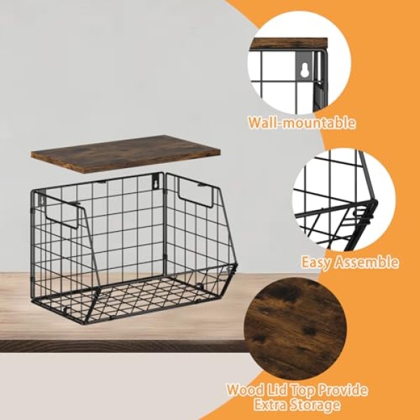 2 Pack Stackable Fruit & Veggie Baskets, Wall Mounted, Metal