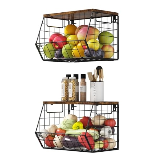 2 Pack Stackable Fruit & Veggie Baskets, Wall Mounted, Metal