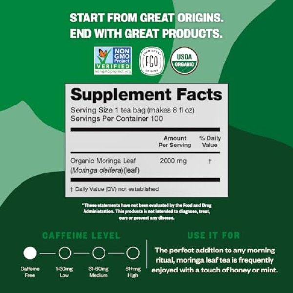 FGO Organic Moringa Tea, Eco Bags, 100 Count