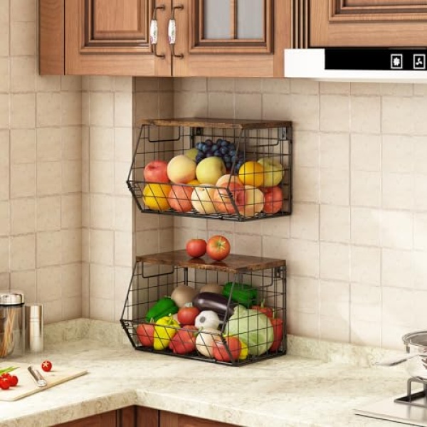 2 Pack Stackable Fruit & Veggie Baskets, Wall Mounted, Metal