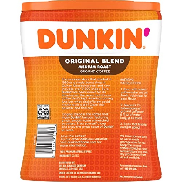 Dunkin' Original Blend Medium Roast Ground Coffee, 850g