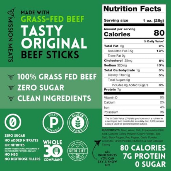 Mission Meats Grass Fed Beef Sticks, Sugar Free, 28g, 12 Pack