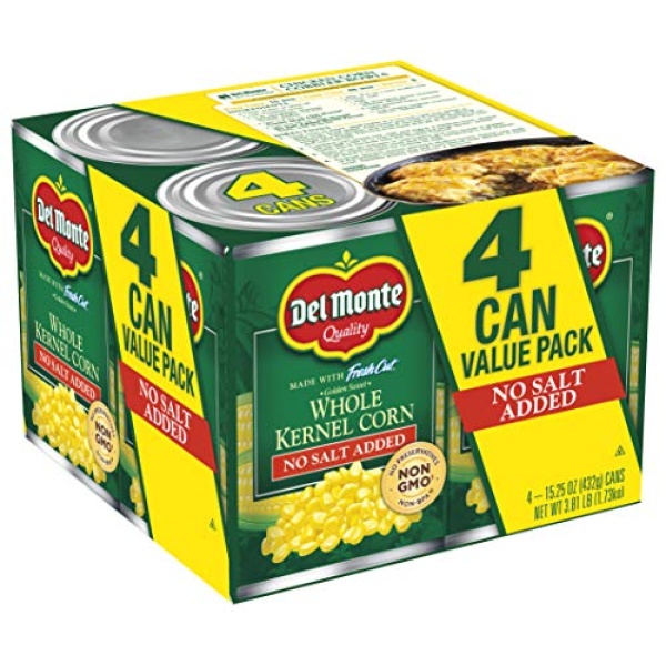 Del Monte No Salt Whole Kernel Corn, 4-432g Cans