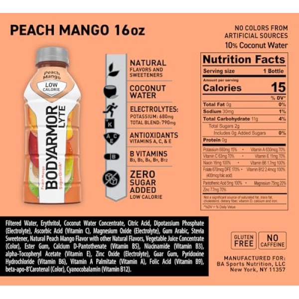 BODYARMOR LYTE Peach Mango Sports Drink, 473 ml (12 Pack)