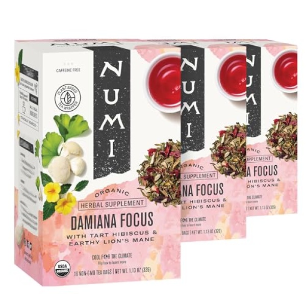 Numi Organic Damiana Focus Tea, 3 Packs, 16 Bags Each