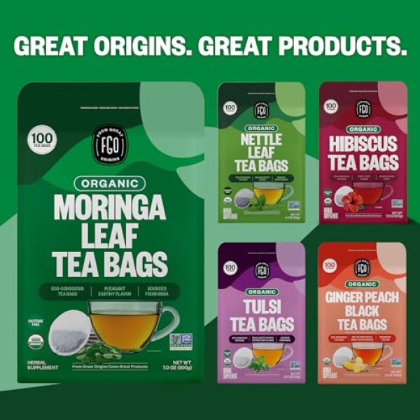 FGO Organic Moringa Tea, Eco Bags, 100 Count