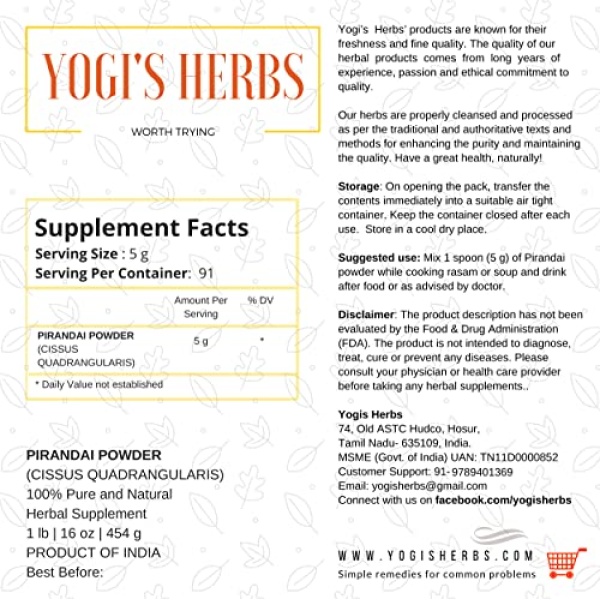 YOGIS HERBS Pirandai Powder - 454g (Pack Of 1)