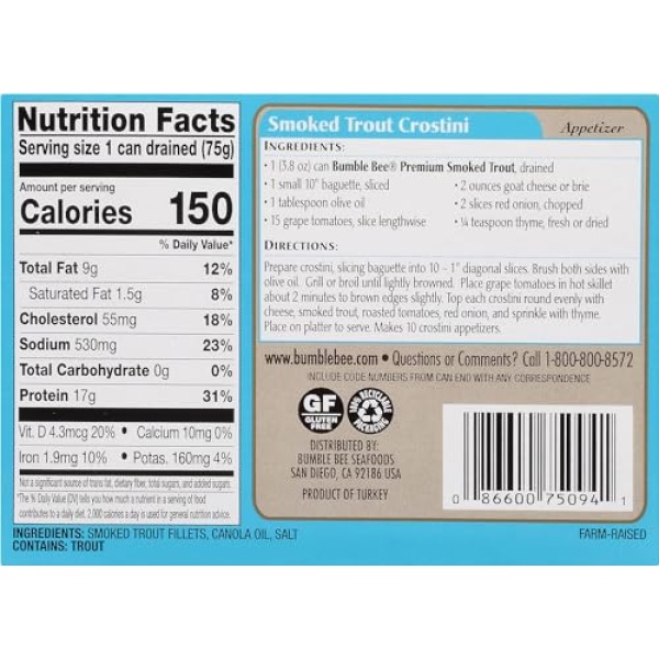 Bumble Bee Smoked Trout Fillets, 108g Can, 17g Protein