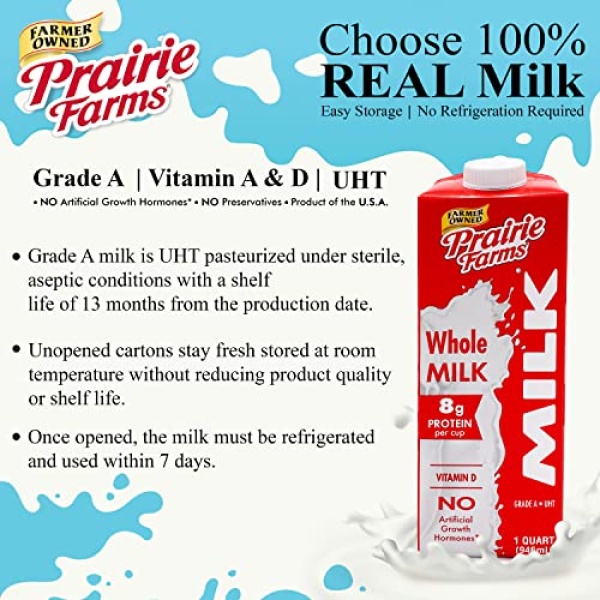 Prairie Farms UHT Whole Milk, 946ml (4 Pack)