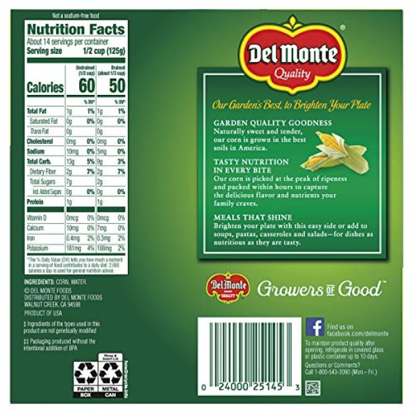 Del Monte No Salt Whole Kernel Corn, 4-432g Cans