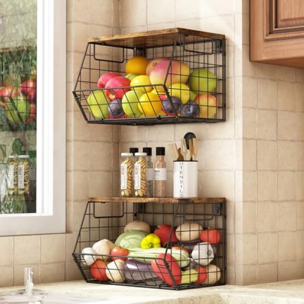 2 Pack Stackable Fruit & Veggie Baskets, Wall Mounted, Metal