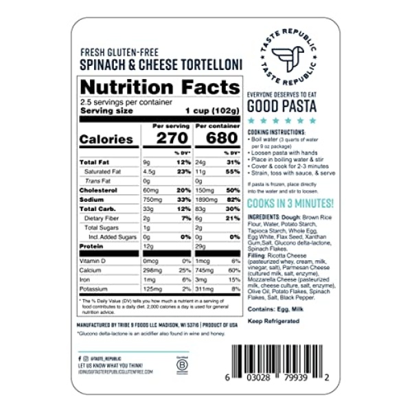 Gluten-Free Spinach & Cheese Tortelloni, 6-Pack, 255g