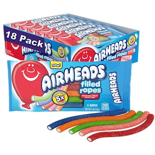 Airheads Soft Filled Candy Ropes, Fruit Flavors, 57g, Box of 18