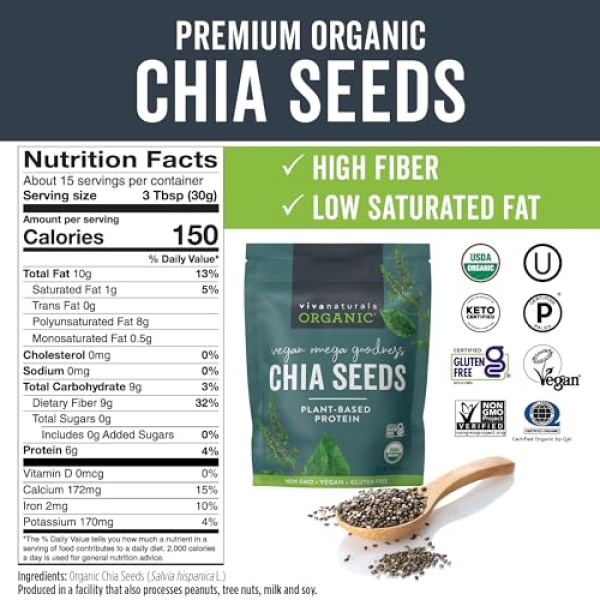 Viva Naturals Organic Chia Seeds 454g - Omega-3 & Vegan Protein