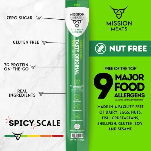 Mission Meats Grass Fed Beef Sticks, Sugar Free, 28g, 12 Pack