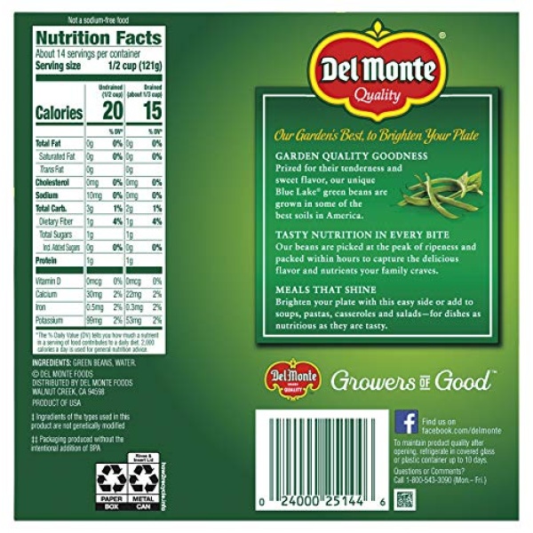 Del Monte No Salt Green Beans 411g (Pack of 4)