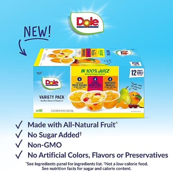 Dole Fruit Bowls Variety Pack, 12 Cups, Gluten & Dairy Free