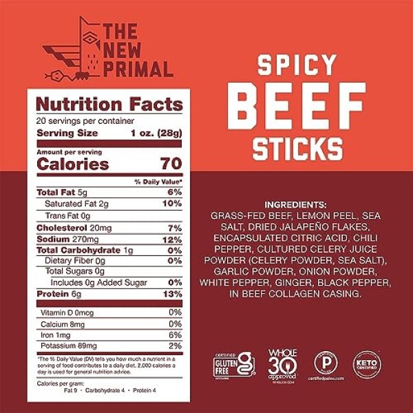 The New Primal Spicy Beef Sticks, Keto & Gluten Free, 20 Count