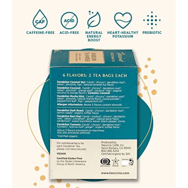 Teeccino Dandelion Tea Sampler – 12 Bags, Various Flavors