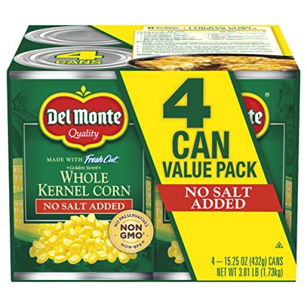 Del Monte No Salt Whole Kernel Corn, 4-432g Cans