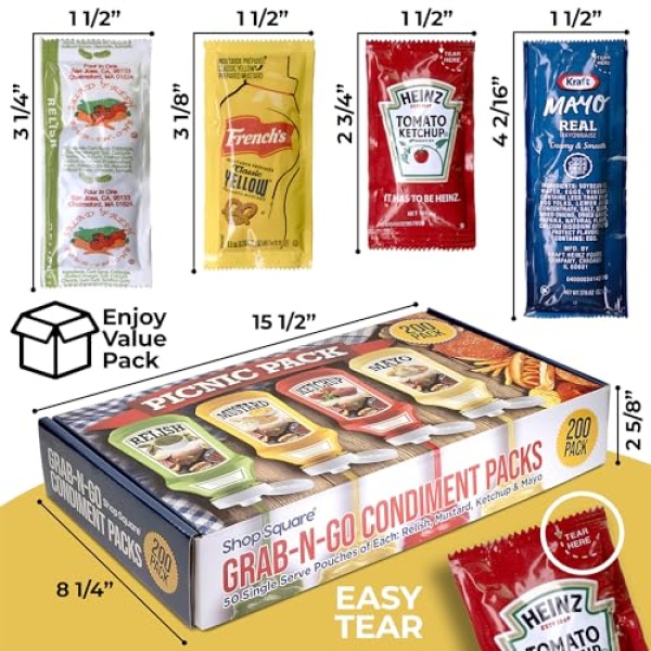 200 Grab-n-Go Condiment Packs (Ketchup, Mustard, Relish, Mayo)
