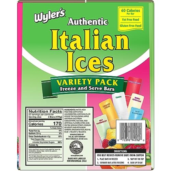 Wyler's Italian Ice Fat Freezer Bars, 56g, 96 count