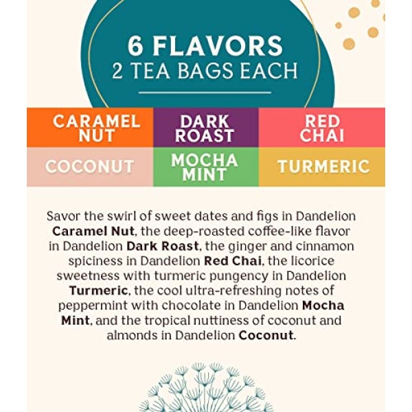 Teeccino Dandelion Tea Sampler – 12 Bags, Various Flavors