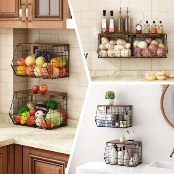 2 Pack Stackable Fruit & Veggie Baskets, Wall Mounted, Metal