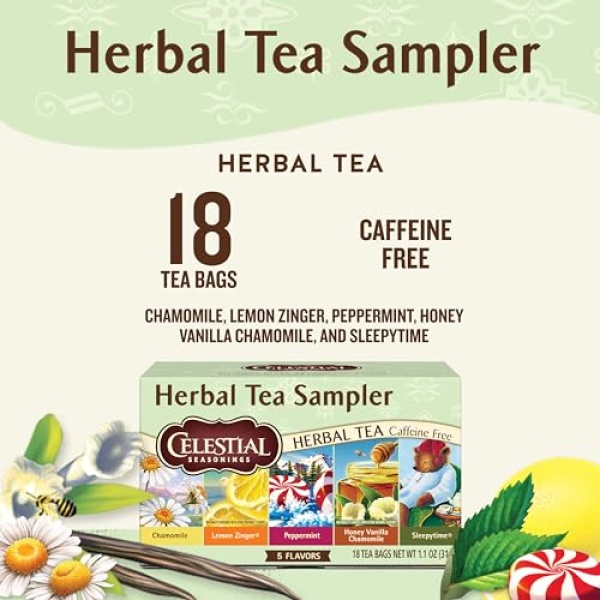 Celestial Herbal Tea Sampler, Caffeine Free, 18 Bags