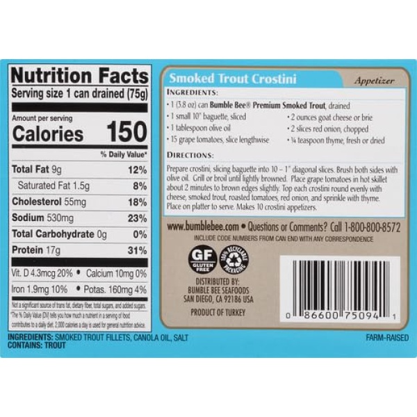 Bumble Bee Smoked Trout Fillets, 108g Can, 17g Protein