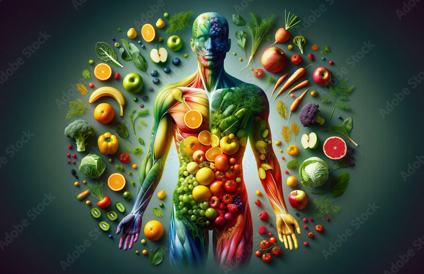 Vibrant anatomical illustration with fruits and vegetables as human organs, detailed edible anatomy artwork, health and nutrition concept